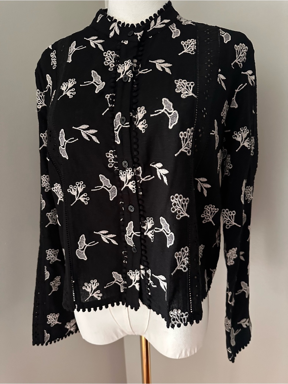 NWT Industry  long-sleeve embroidered button-front blouse.
